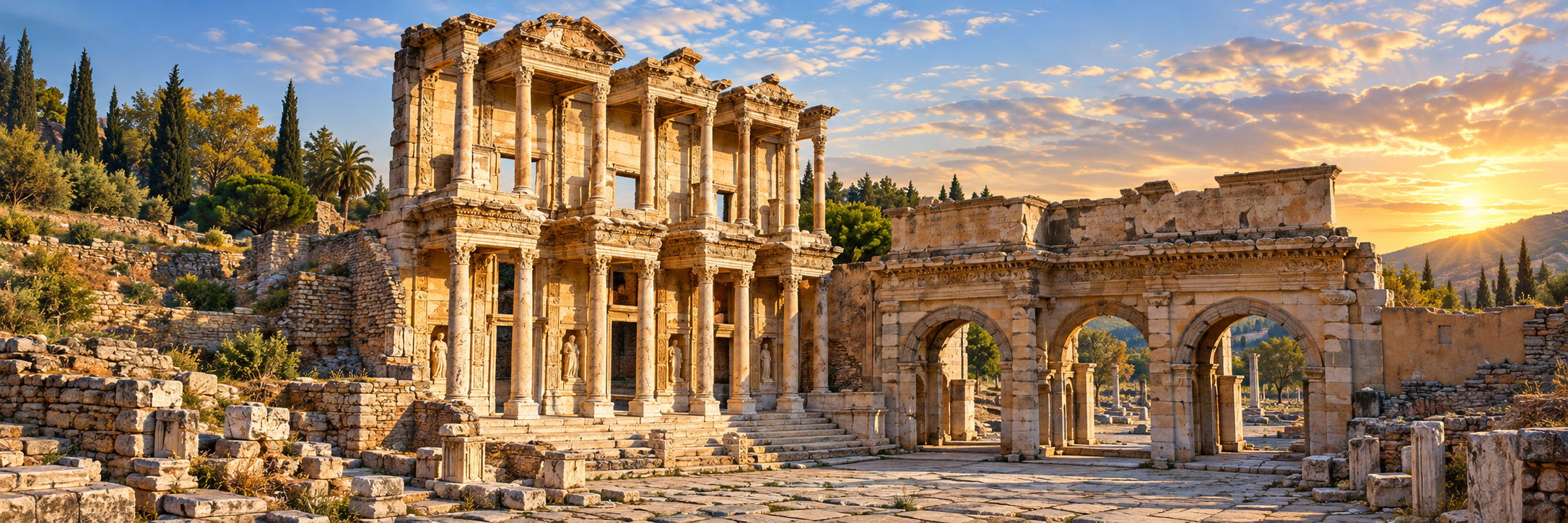 An architectural illustration of the Library of Celsus and the adjoining stone arches at Ephesus