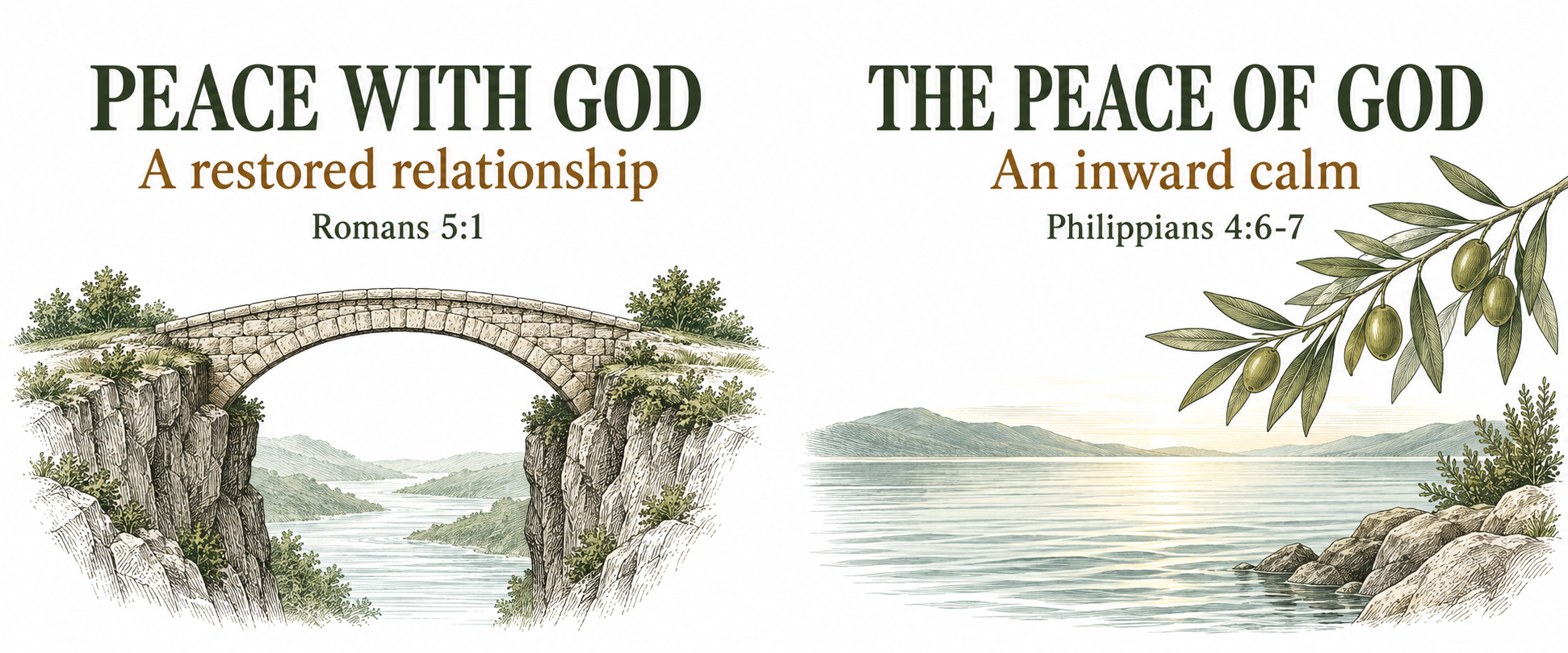 Peace with God as a restored relationship, illustrated by a bridge, and the peace of God as inward calm, illustrated by still water and an olive branch
